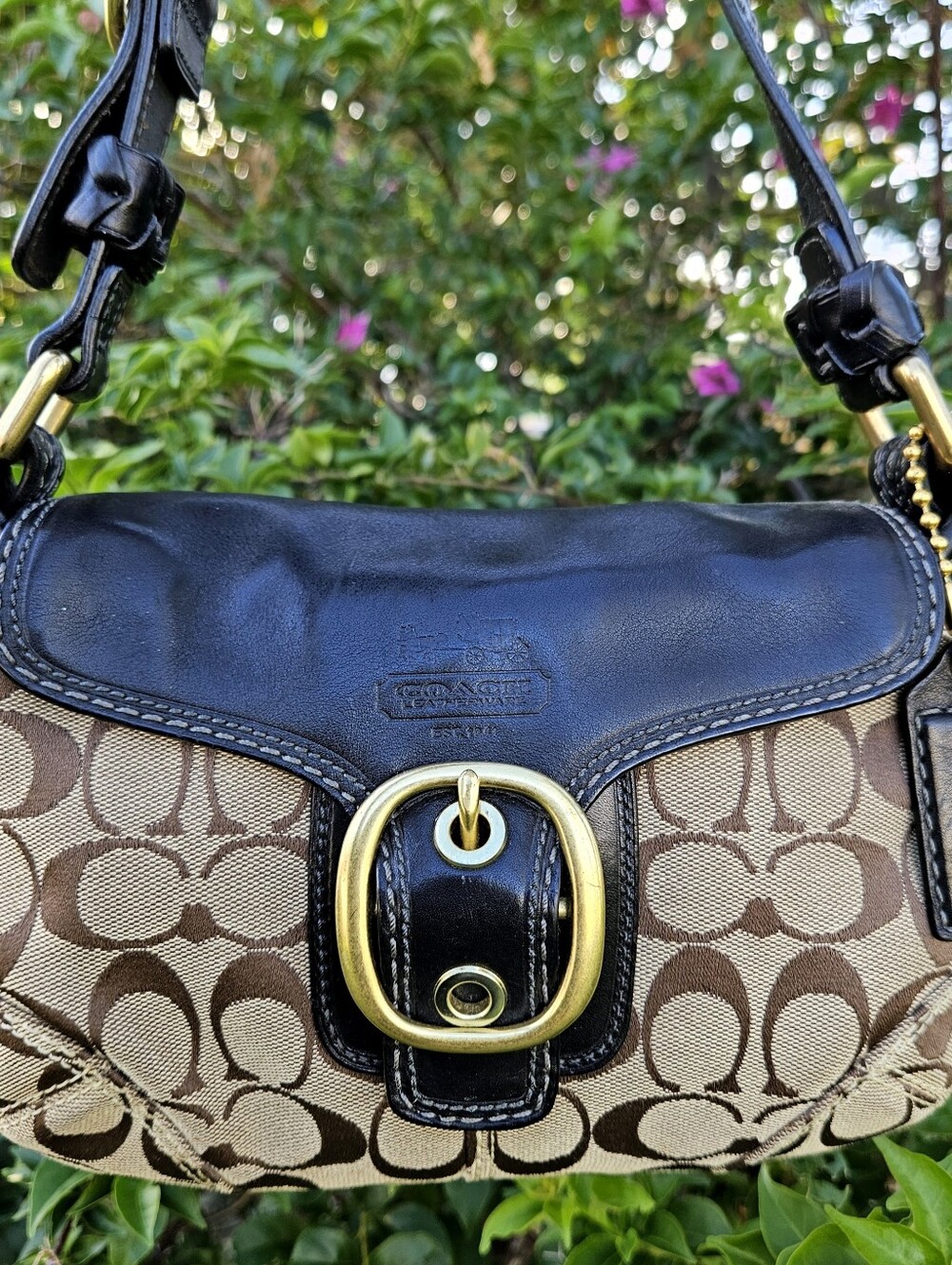 Coach Bleecker Signature Small Flap Hobo 11441 Khaki Black Brass Y2K 2007